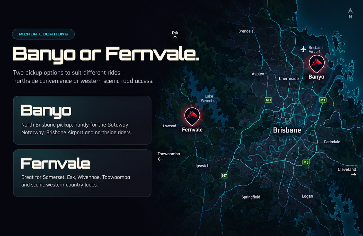 Stylised map showing Banyo and Fernvale pickup locations near Brisbane